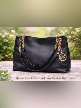 Michael Kors Jet Set Travel Large Shoulder Bag Black Pebbled Leather EUC